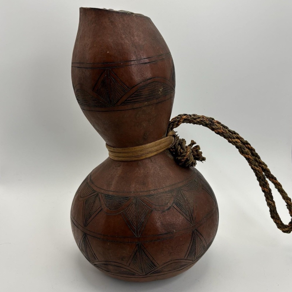 Vtg African Tribal Handmade Etched Carved Beaded Gourd Water Vessel Art 6x9
